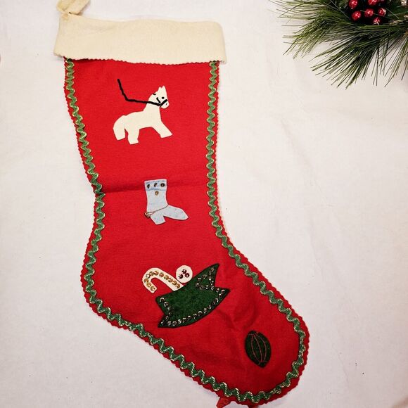 Vintage Double Sided Felt Sequin Christmas Cowboy Stocking Handmade 19" 1950's - Picture 7 of 16